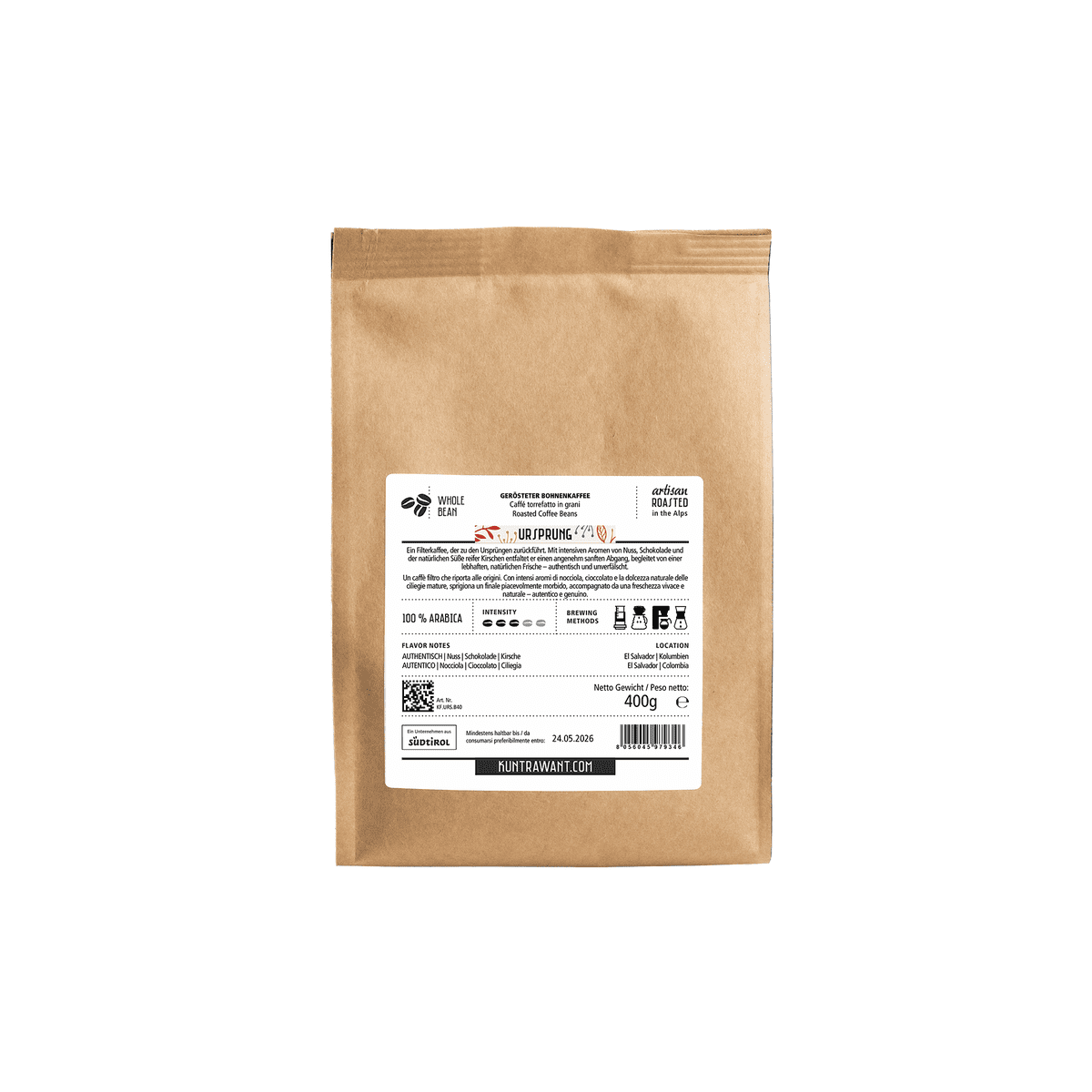Ursprung Filterkaffee 100% Arabica 400g Rückseite